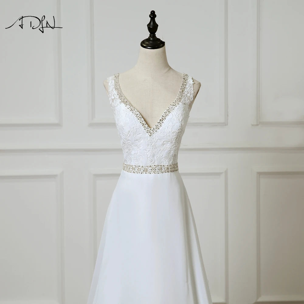 ADLN Beach Wedding Dress vestido de noiva Customized Double V-neck Plus Size Chiffon Gowns Beaded Bohemian Bridal Dresses