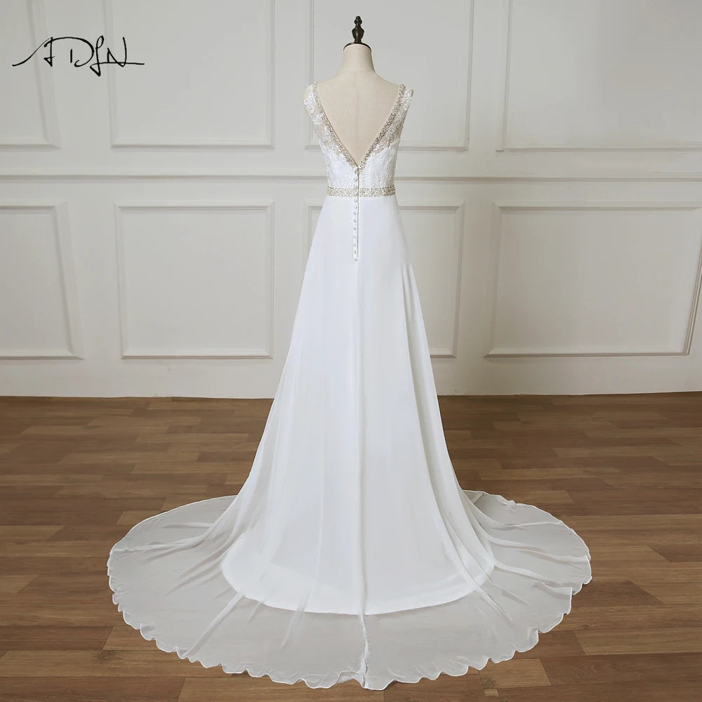 ADLN Beach Wedding Dress vestido de noiva Customized Double V-neck Plus Size Chiffon Gowns Beaded Bohemian Bridal Dresses