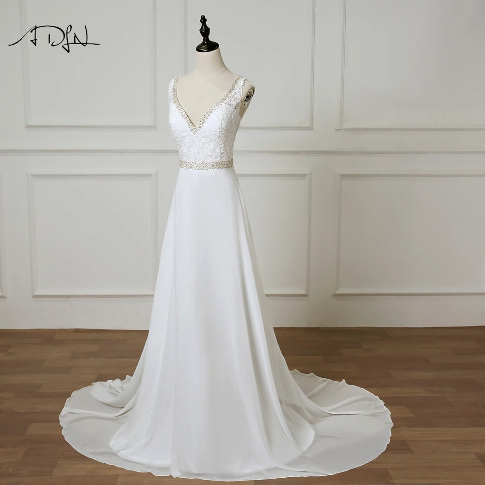 ADLN Beach Wedding Dress vestido de noiva Customized Double V-neck Plus Size Chiffon Gowns Beaded Bohemian Bridal Dresses