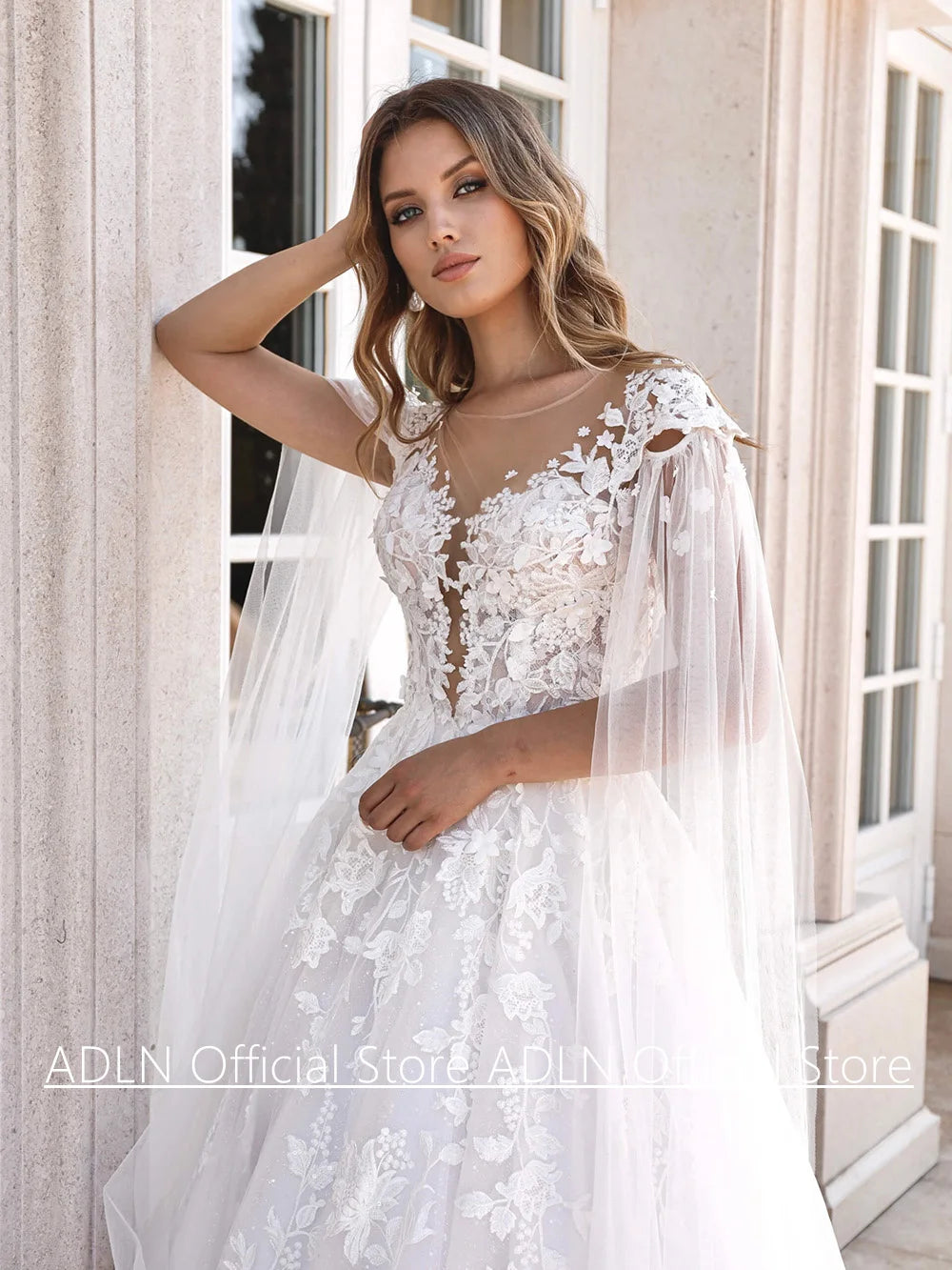 New Wedding Dress with Sleeve Cape Customized Cap Sleeve Scoop Neck A Line Lace Bridal Gown Sweep Train Glitter Bride Dresses