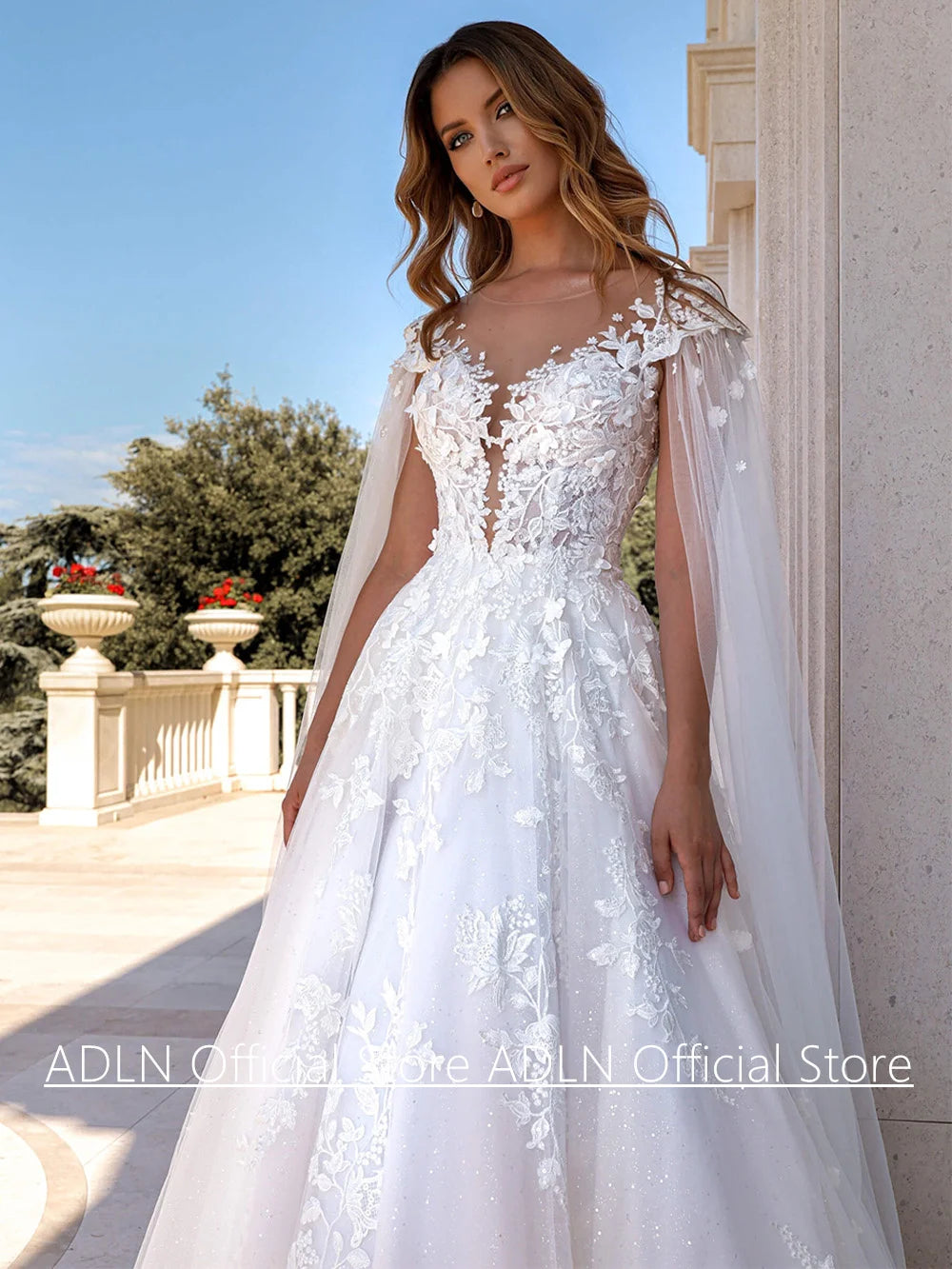 New Wedding Dress with Sleeve Cape Customized Cap Sleeve Scoop Neck A Line Lace Bridal Gown Sweep Train Glitter Bride Dresses