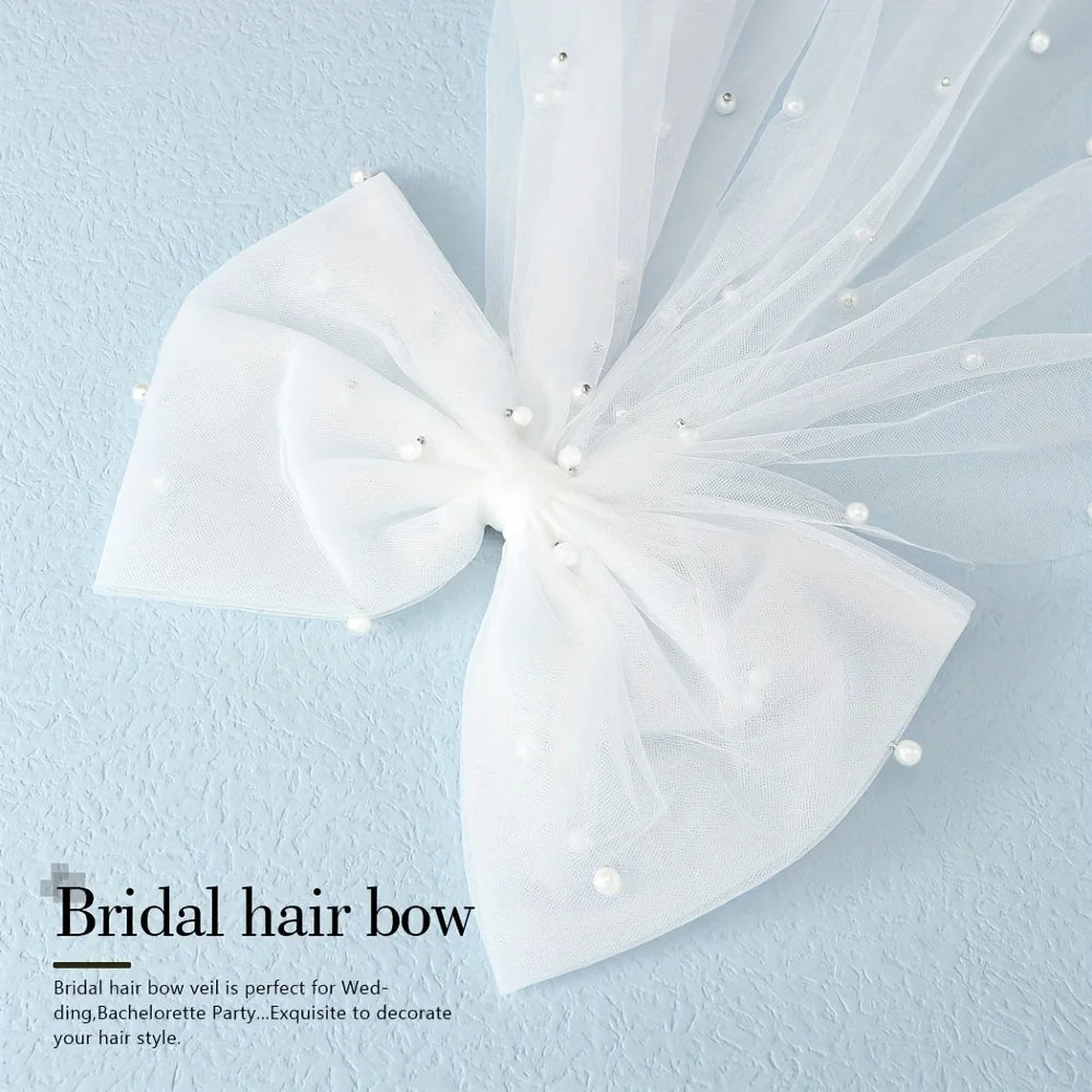 Elegant Bridal Bow Veil with Imitation Pearls White Tulle Clip-on Wedding Accessories