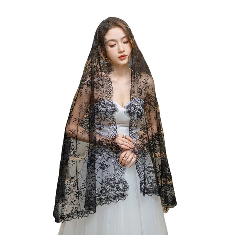 Muslims Lace Wedding Veils Church Mantilla Wedding Bride Head Covering Veils for Women Black and Gold