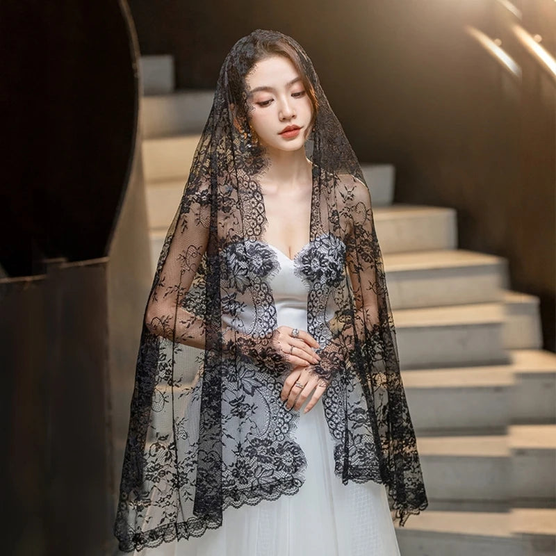 Muslims Lace Wedding Veils Church Mantilla Wedding Bride Head Covering Veils for Women Black and Gold