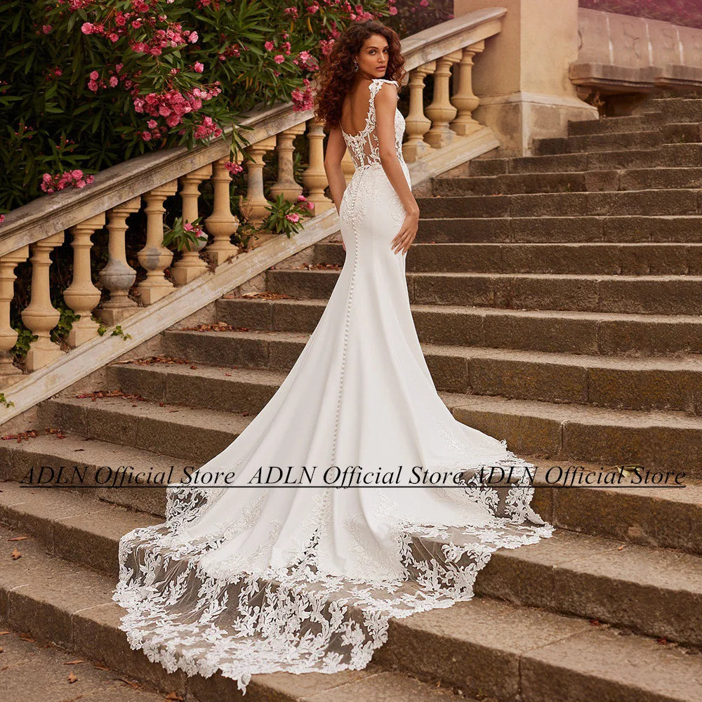 ADLN Vestido De Noiva Wedding Dress Mermaid Customized Cap Sleeve V Neck Applique Illusion Back Buttons Court Train Bridal Gowns