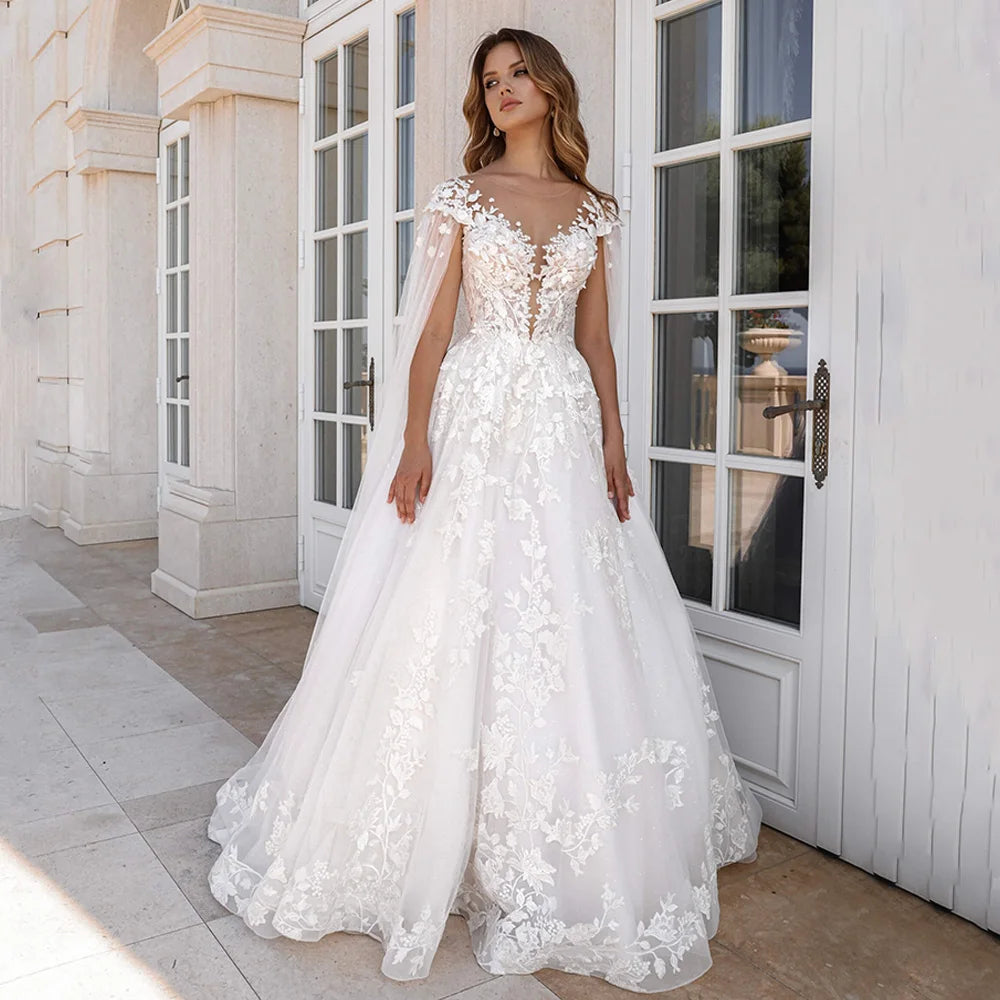 New Wedding Dress with Sleeve Cape Customized Cap Sleeve Scoop Neck A Line Lace Bridal Gown Sweep Train Glitter Bride Dresses