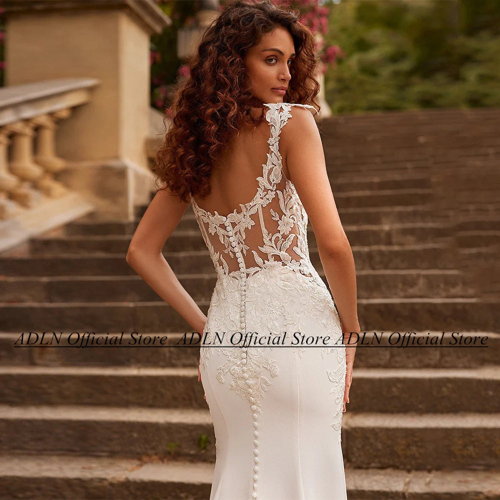 ADLN Vestido De Noiva Wedding Dress Mermaid Customized Cap Sleeve V Neck Applique Illusion Back Buttons Court Train Bridal Gowns