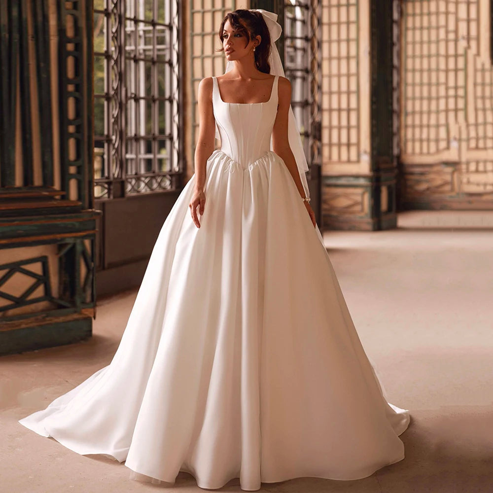 Gorgeous Satin Wedding Dress Customized Square Neck Sleeveless Back Zipper Sweep Train Vestido De Noiva Woman Bridal Gown