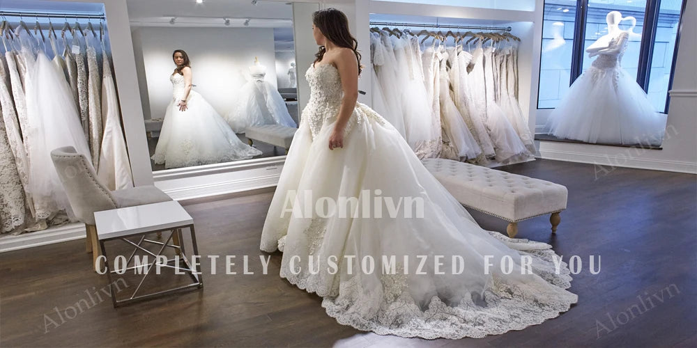 Alonlivn Customize Made Beaded Pearls A-line Wedding Gowns Off Shoulder Boat Neck Appliques Bride Gowns