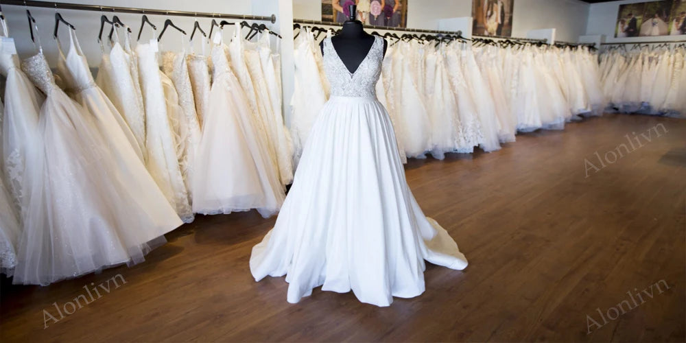 Alonlivn Customize Made Beaded Pearls A-line Wedding Gowns Off Shoulder Boat Neck Appliques Bride Gowns