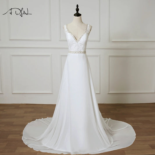 ADLN Beach Wedding Dress vestido de noiva Customized Double V-neck Plus Size Chiffon  Gowns Beaded Bohemian Bridal Dresses