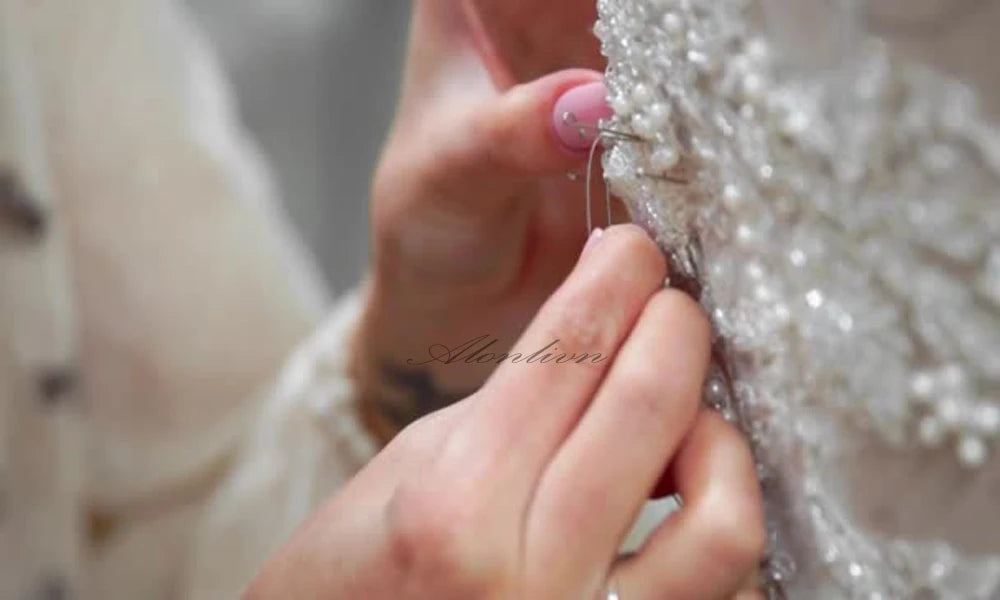 Alonlivn Customize Made Beaded Pearls A-line Wedding Gowns Off Shoulder Boat Neck Appliques Bride Gowns