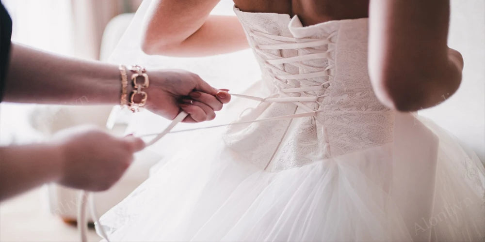 Alonlivn Customize Made Beaded Pearls A-line Wedding Gowns Off Shoulder Boat Neck Appliques Bride Gowns