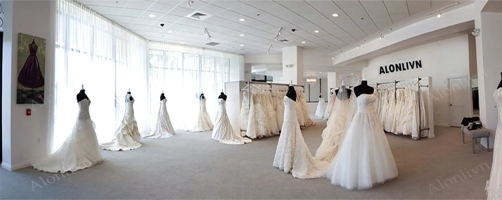 Alonlivn Customize Made Beaded Pearls A-line Wedding Gowns Off Shoulder Boat Neck Appliques Bride Gowns