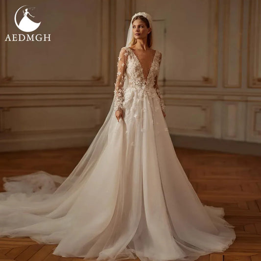 Aedmgh A-Line Delicate Wedding Dresses For Women Scalloped Vestido De Novia Lace Beaded Sequined Flowers Custom Made Bridal Gown