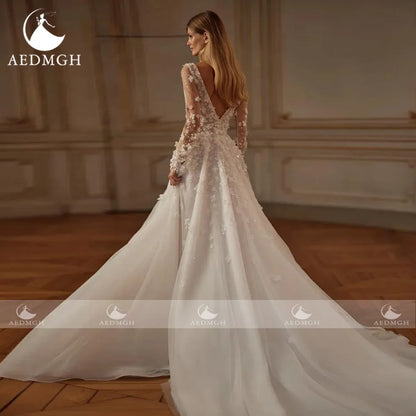 Aedmgh A-Line Delicate Wedding Dresses For Women Scalloped Vestido De Novia Lace Beaded Sequined Flowers Custom Made Bridal Gown