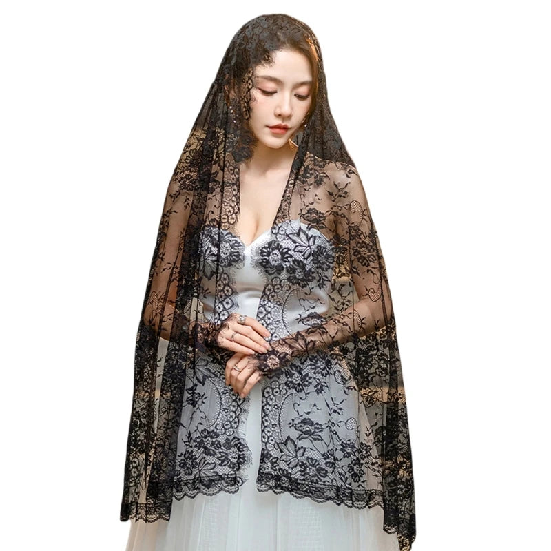 Muslims Lace Wedding Veils Church Mantilla Wedding Bride Head Covering Veils for Women Black and Gold