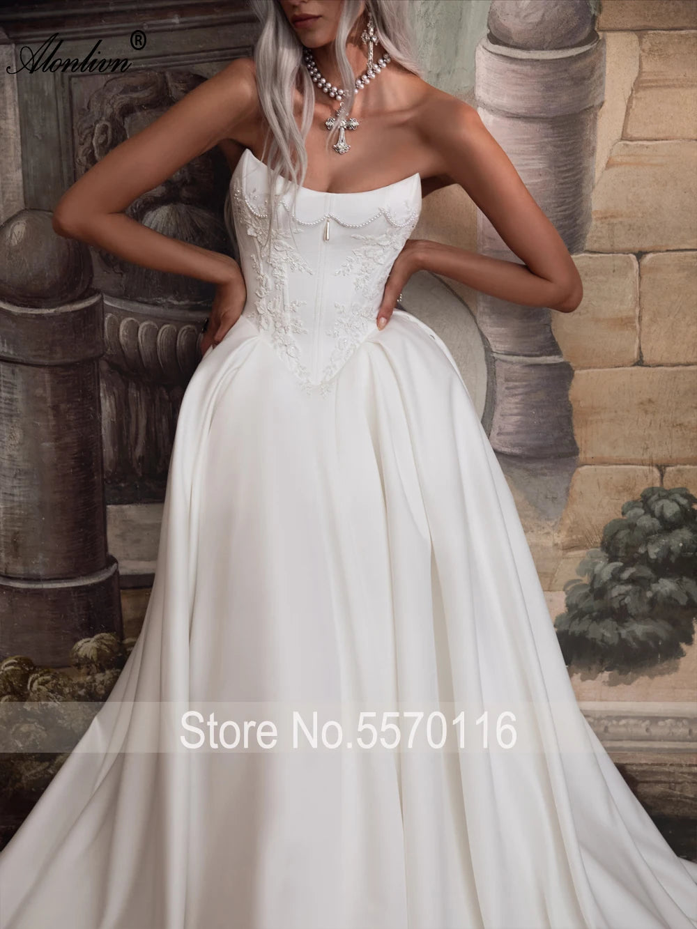 Alonlivn Customize Made Beaded Pearls A-line Wedding Gowns Off Shoulder Boat Neck Appliques Bride Gowns