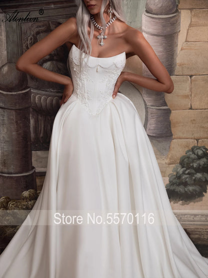 Alonlivn Customize Made Beaded Pearls A-line Wedding Gowns Off Shoulder Boat Neck Appliques Bride Gowns