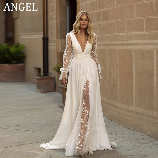 ANGEL Elegant A-Line Wedding Dresses Women Customized Lace Long Sleeve V-Neck Split Bridal Gowns Sweep Train Vestidos De Novia