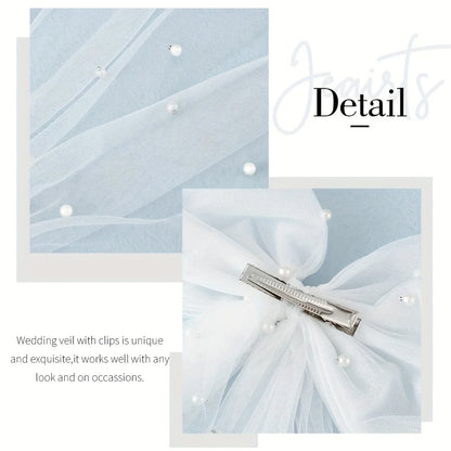 Elegant Bridal Bow Veil with Imitation Pearls White Tulle Clip-on Wedding Accessories