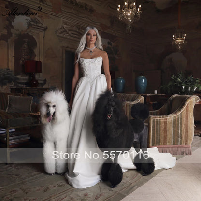 Alonlivn Customize Made Beaded Pearls A-line Wedding Gowns Off Shoulder Boat Neck Appliques Bride Gowns