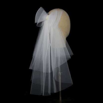 V302 White Bridal Veil with a bow Pearls Bows Multi-Layer Semi-Transparent Tulle Shoulder Length Brides Veil with Hair Comb