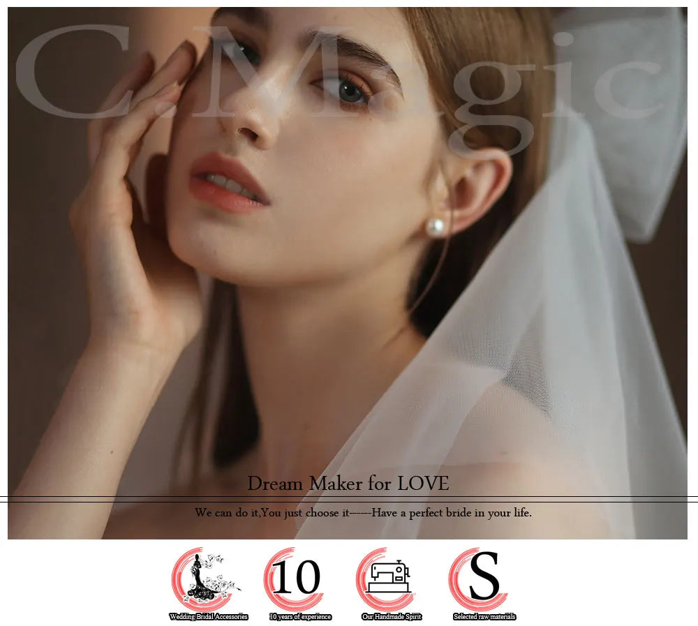 V302 White Bridal Veil with a bow Pearls Bows Multi-Layer Semi-Transparent Tulle Shoulder Length Brides Veil with Hair Comb