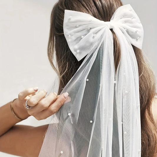 Elegant Bridal Bow Veil with Imitation Pearls White Tulle Clip-on Wedding Accessories