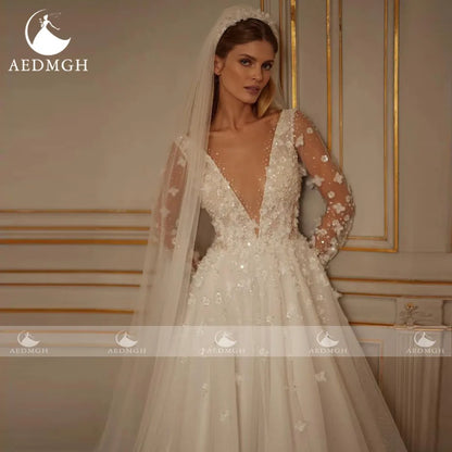 Aedmgh A-Line Delicate Wedding Dresses For Women Scalloped Vestido De Novia Lace Beaded Sequined Flowers Custom Made Bridal Gown