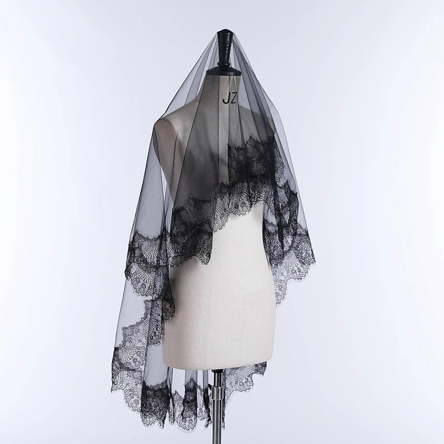 New Arrival Bride Veils One-Layer Women Girl Black Mantilla Wedding Veil Lace Trim Halloween Cosplay Costume Bride Boda 2025