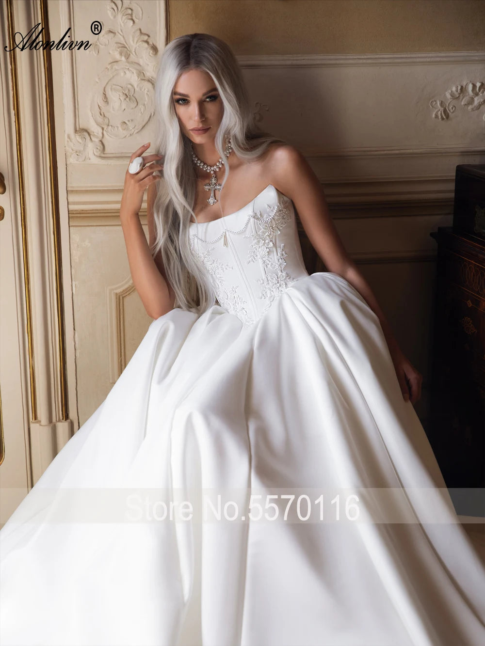 Alonlivn Customize Made Beaded Pearls A-line Wedding Gowns Off Shoulder Boat Neck Appliques Bride Gowns