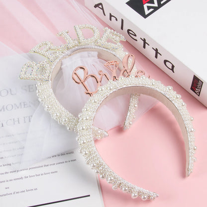 White Bride Headband Pearl Crown with Veil Bride To Be Wedding Decoration Bridal Shower Gift Bachelorette Hen Party Supplies