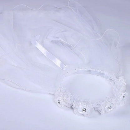 Children Little Princess Hairband Double Layers Tulle Bridal Veils Flowers Garland Ruffles Floral Lace Wedding Party Wreath
