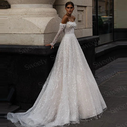 Luxurious A-Line Wedding Dressbead With Embroidery Ball Gown Strapless Full Sleeve Feather Bridal Vestido De Novia Customized