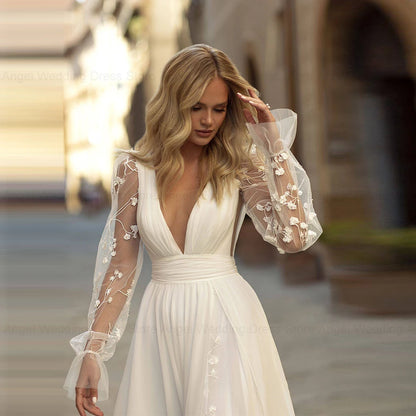 ANGEL Elegant A-Line Wedding Dresses Women Customized Lace Long Sleeve V-Neck Split Bridal Gowns Sweep Train Vestidos De Novia