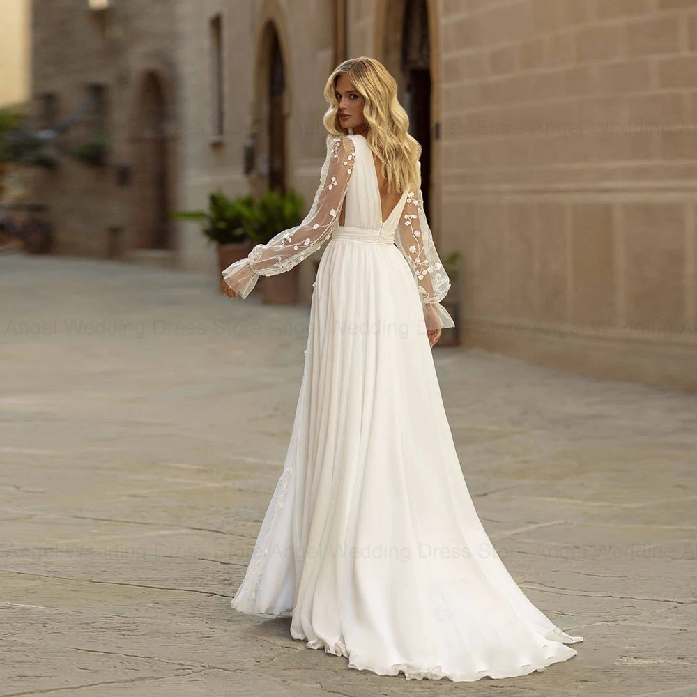 ANGEL Elegant A-Line Wedding Dresses Women Customized Lace Long Sleeve V-Neck Split Bridal Gowns Sweep Train Vestidos De Novia
