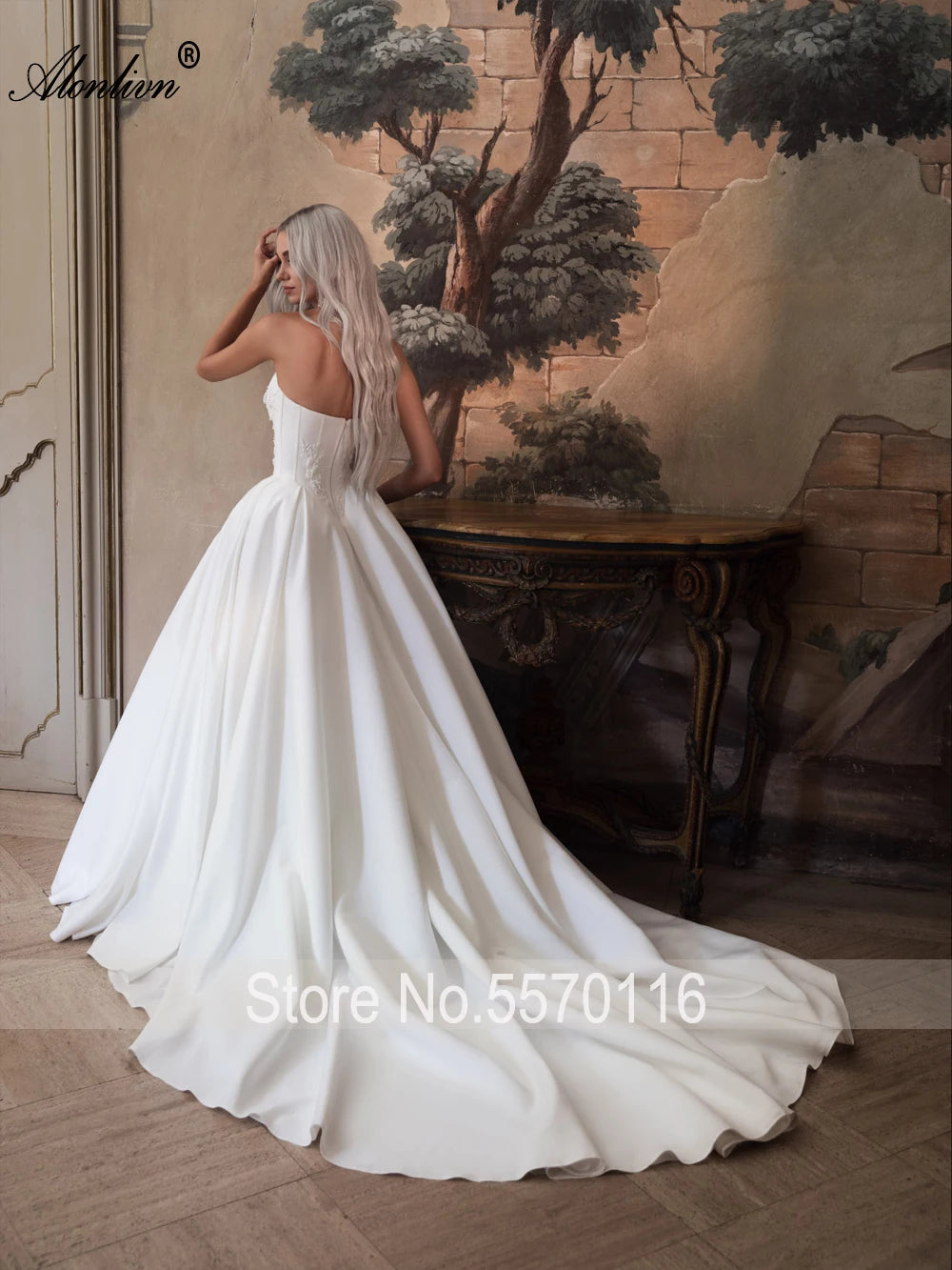 Alonlivn Customize Made Beaded Pearls A-line Wedding Gowns Off Shoulder Boat Neck Appliques Bride Gowns