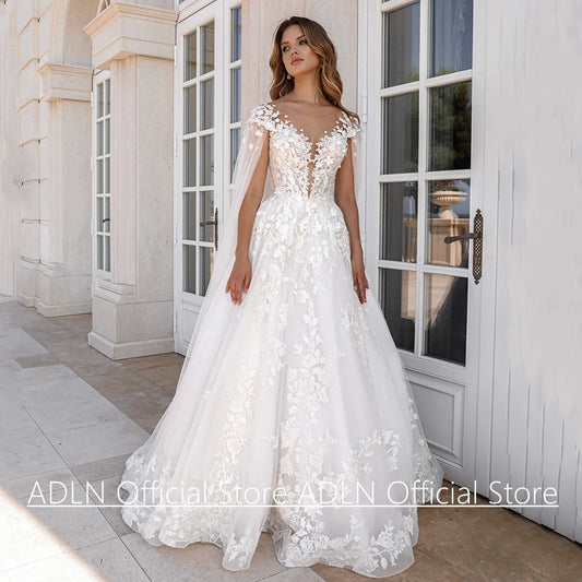 New Wedding Dress with Sleeve Cape Customized Cap Sleeve Scoop Neck A Line Lace Bridal Gown Sweep Train Glitter Bride Dresses