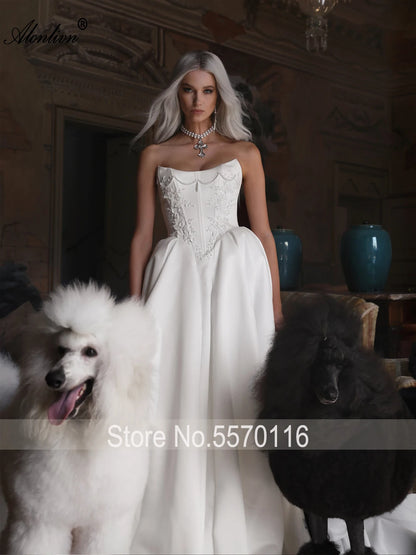 Alonlivn Customize Made Beaded Pearls A-line Wedding Gowns Off Shoulder Boat Neck Appliques Bride Gowns