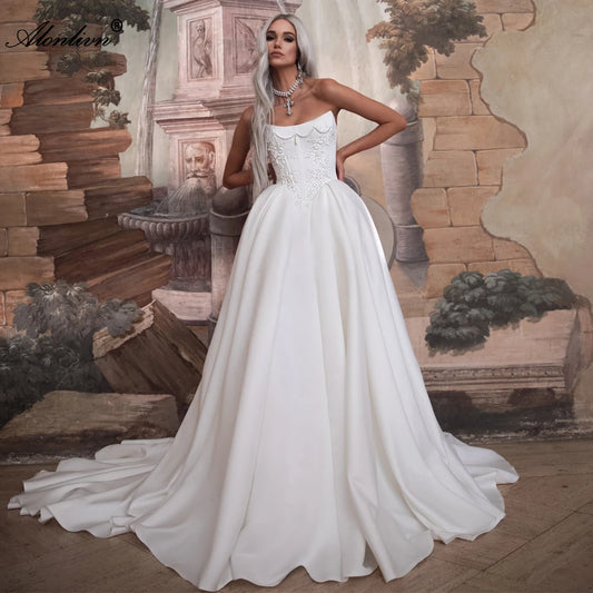 Alonlivn Customize Made Beaded Pearls A-line Wedding Gowns Off Shoulder Boat Neck Appliques Bride Gowns