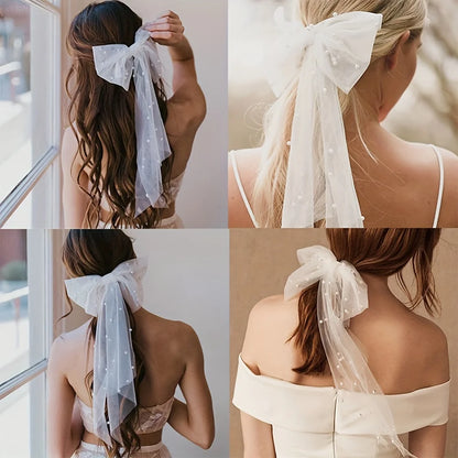 Elegant Bridal Bow Veil with Imitation Pearls White Tulle Clip-on Wedding Accessories