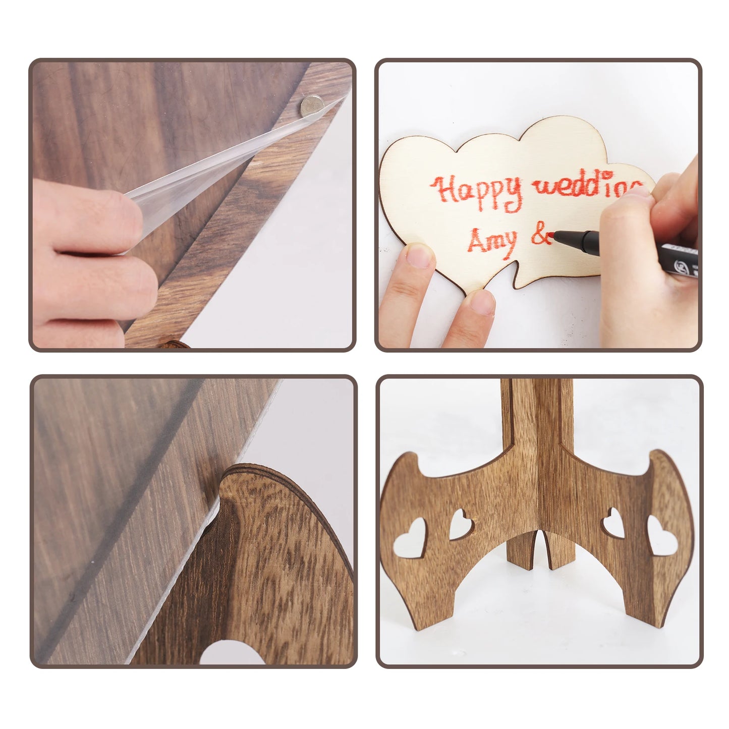 Wedding Guest Book Wooden 88pcs Heart-shaped Bracket Pastoral Wedding Storage Box Birthday Message Carving Carbonized Wood