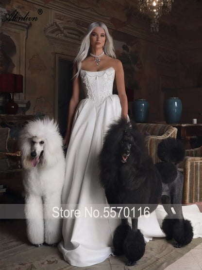 Alonlivn Customize Made Beaded Pearls A-line Wedding Gowns Off Shoulder Boat Neck Appliques Bride Gowns