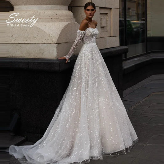 Luxurious A-Line Wedding Dressbead With Embroidery Ball Gown Strapless Full Sleeve Feather Bridal Vestido De Novia Customized