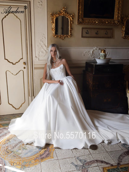 Alonlivn Customize Made Beaded Pearls A-line Wedding Gowns Off Shoulder Boat Neck Appliques Bride Gowns