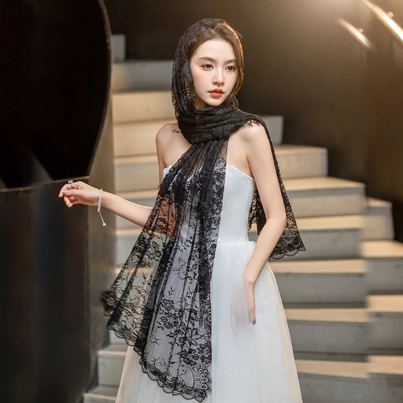Muslims Lace Wedding Veils Church Mantilla Wedding Bride Head Covering Veils for Women Black and Gold