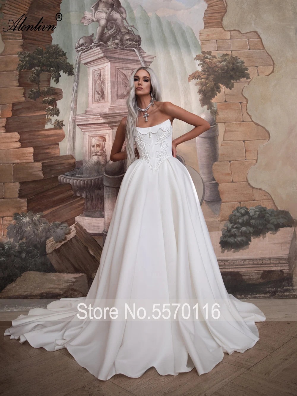Alonlivn Customize Made Beaded Pearls A-line Wedding Gowns Off Shoulder Boat Neck Appliques Bride Gowns