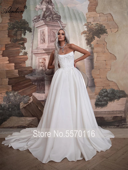 Alonlivn Customize Made Beaded Pearls A-line Wedding Gowns Off Shoulder Boat Neck Appliques Bride Gowns
