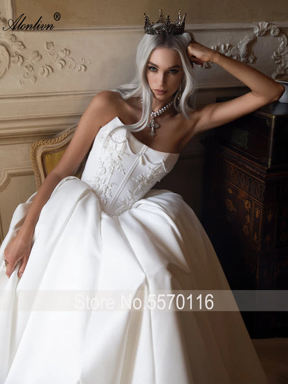 Alonlivn Customize Made Beaded Pearls A-line Wedding Gowns Off Shoulder Boat Neck Appliques Bride Gowns